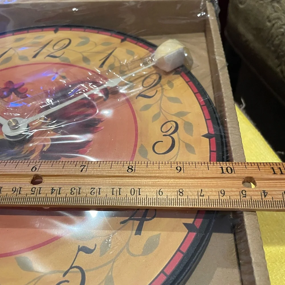 French Country Rooster Wall Clock Rich Gold/orange/ Black/metal stand NEW in Box